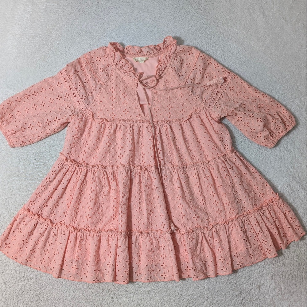 Altar'd Stateā Tunic Top Women Sm Pink Eyelet Lace Tiered Babydoll 3/4 Sleeve